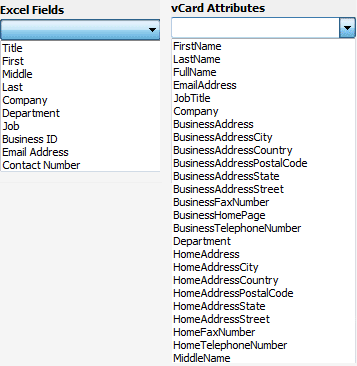map attributes of excel file to vCard