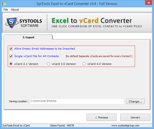 select vCard format