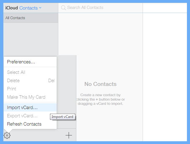 select import vCard file option 