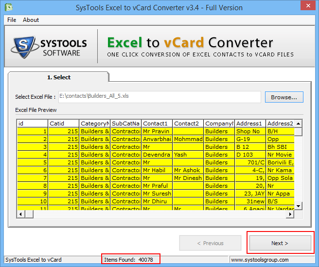 view excel file contacts details
