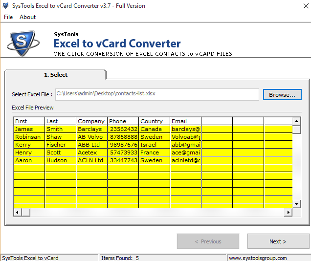 view excel file contacts details